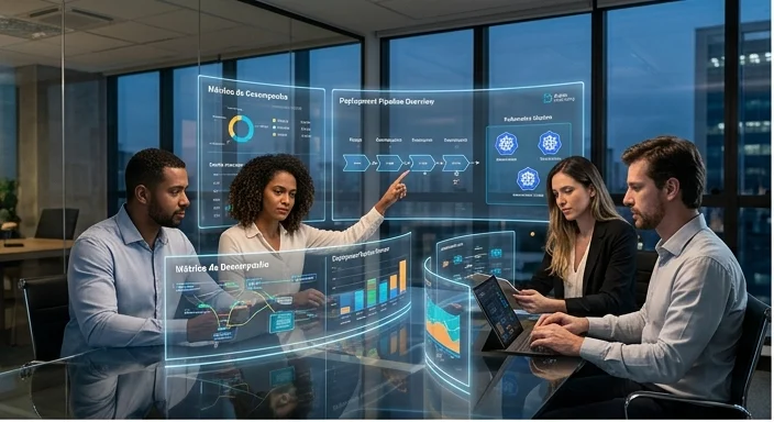 Pessoas discutindo métricas e o pipeline de deploy em painéis holográficos