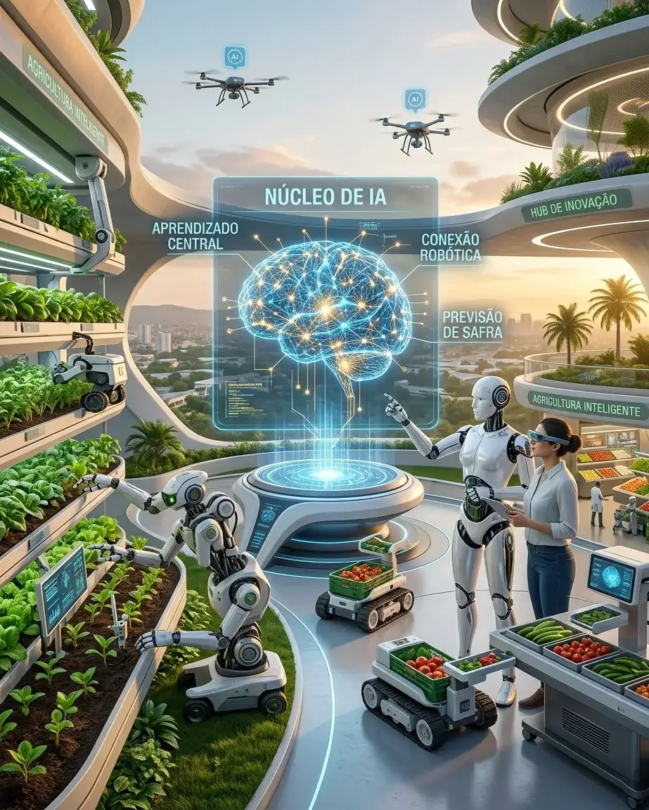 Pessoas e robôs colaborando em torno de um núcleo de inteligência artificial